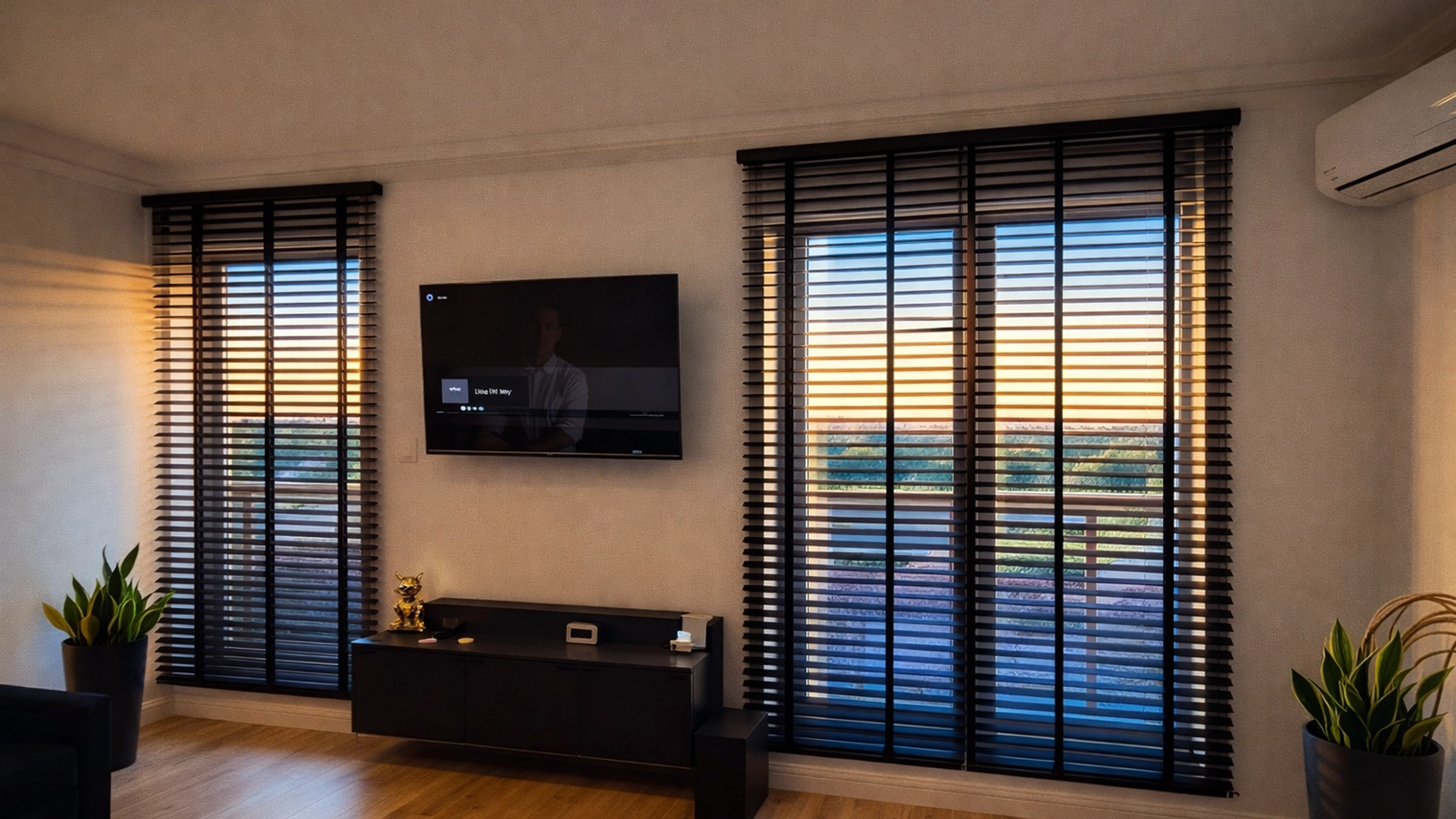 żaluzje drewniane czarne 50mm salon duże okna nowoczesne wnętrze